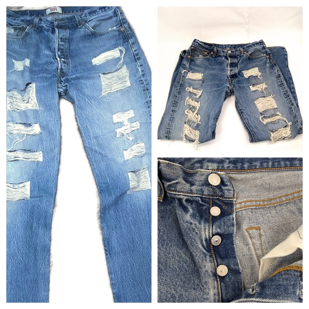Levi's 501 Button Fly Vintage Distressed Jeans High Waist Straight Leg 35x36